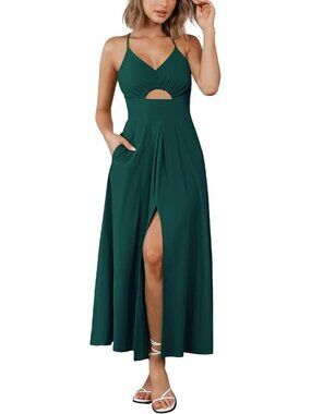 Women's Green Summer Spaghetti Strap Midi Dress Sleeveless V Neck Maxi Dresses